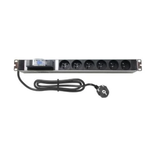 1U, 6.lı grup priz, 19”, Aluminyum profil gövdeli, 1x16A sigorta korumalı, 6xDIN49440 schuko tip,16A  250V Ac, 3,5 kW, 3x1,5mm2, 2m kablolu, DIN 49441 fişli