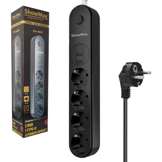 SHOWMAX SH4625 TERMAL AKIM KORUMALI 4*PRİZ + 2*USB + TYPE-C 2M SİYAH