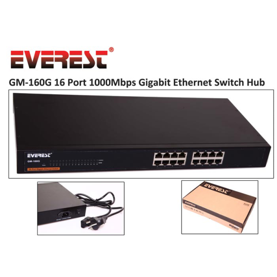 Everest GM-160G 16Port 10/100/1000Mbps 19" Rock Uyumlu Metal Kasa Gigabit Ethernet Switch Hub